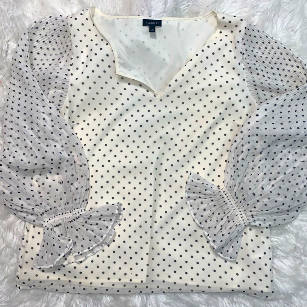 Talbots Ivory Black Polka Dot Flounce Sleeve Blouse Top Medium